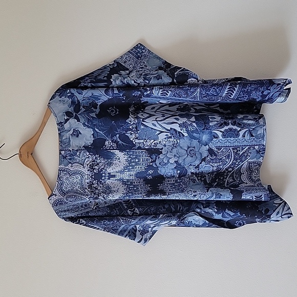 Chico's Blue Satin Floral Paisley Spliced Tapestry Print Woven Poncho Size L/XL - Picture 4 of 6